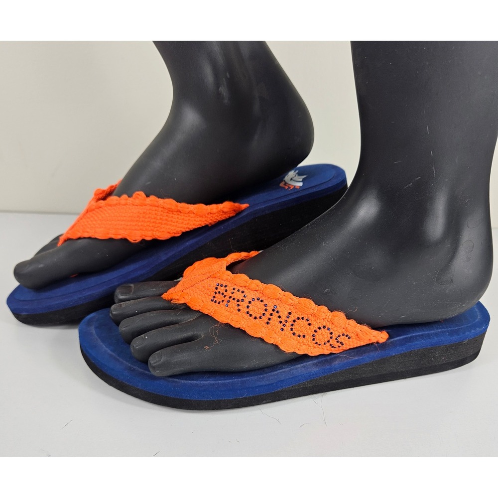 Denver Broncos NFL Womens 8 Thong Flip Flops Rhinestone Wedge Sandals Slides